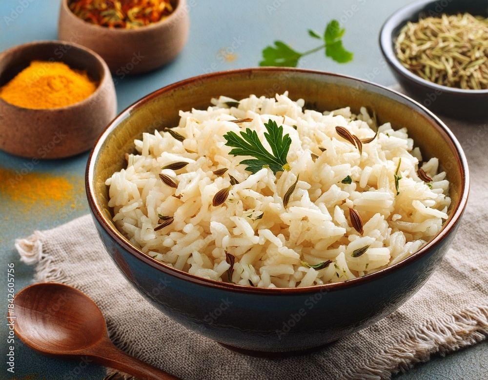 Vegetarian Indian Jeera rice with cumin and other spices close up in the bowl on the table. Vegetarian Indian Jeera rice with cumin and other spices close up in the bowl on the table.