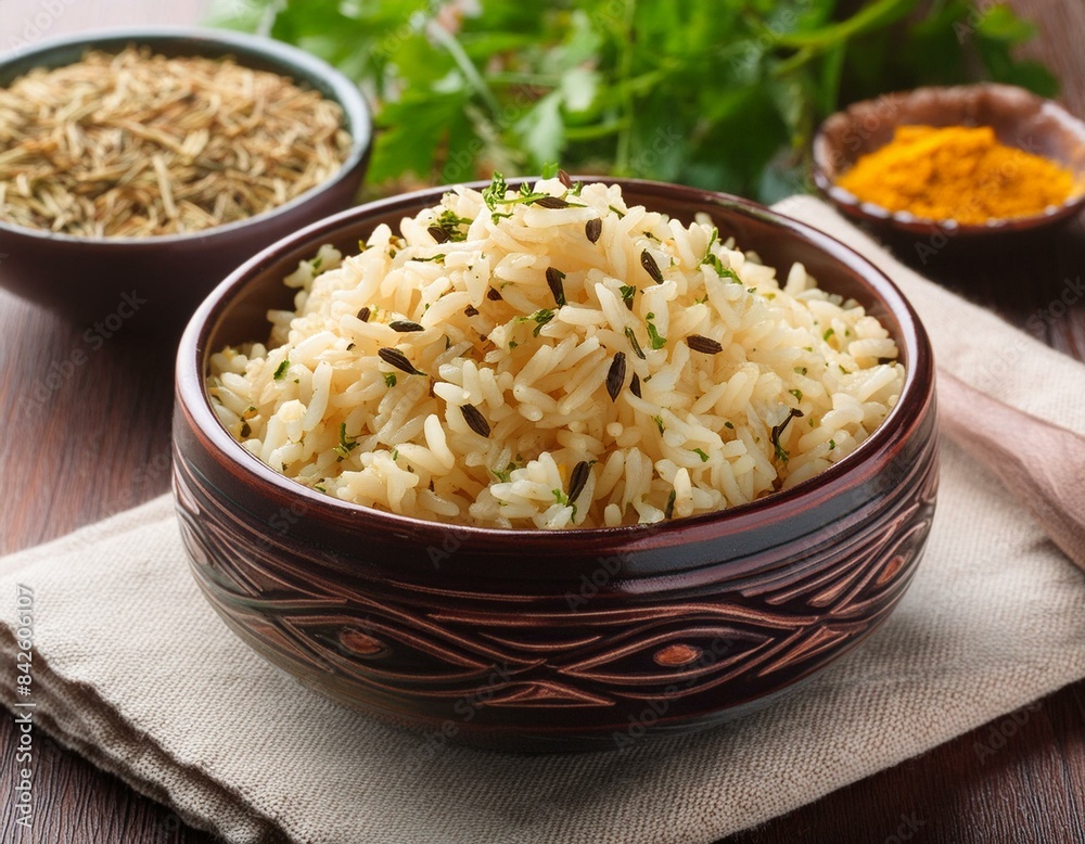 Vegetarian Indian Jeera rice with cumin and other spices close up in the bowl on the table.