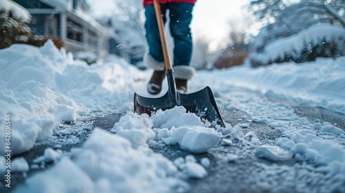 Detailed view of a shovel in action while a person is clearing snow from a pathway