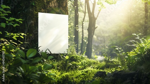 Nature background with blank paper card standing against tree in the forest