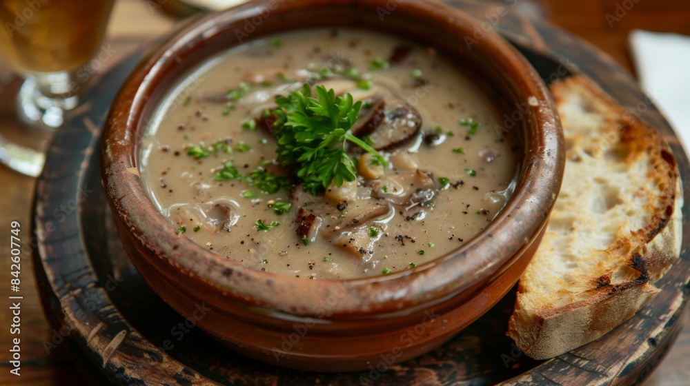 A rustic mushroom soup served in a ceramic bowl, with a slice of crusty bread on the side for dipping. A rustic mushroom soup served in a ceramic bowl, with a slice of crusty bread on the side for dipping.