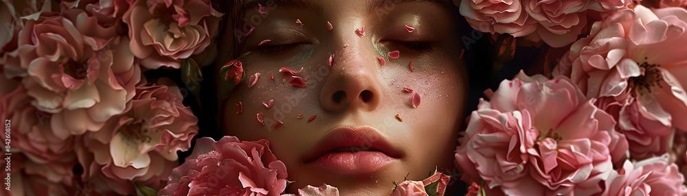Fototapeta premium A Serene Face Emerging from a Bed of Delicate Roses Under Soft Morning Light