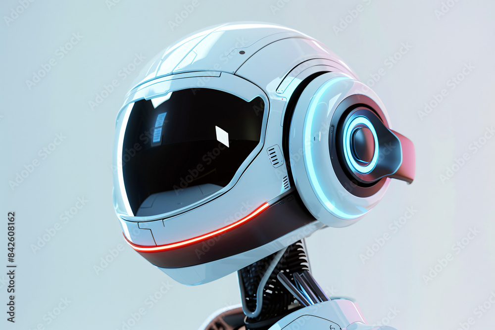 Futuristic white robot with a sleek design and black visor standing against a clean background Futuristic white robot with a sleek design and black visor standing against a clean background