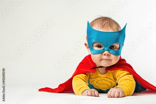 A baby wearing a superhero mask