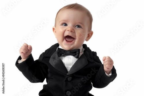 A baby wearing a tiny tuxedo onesie