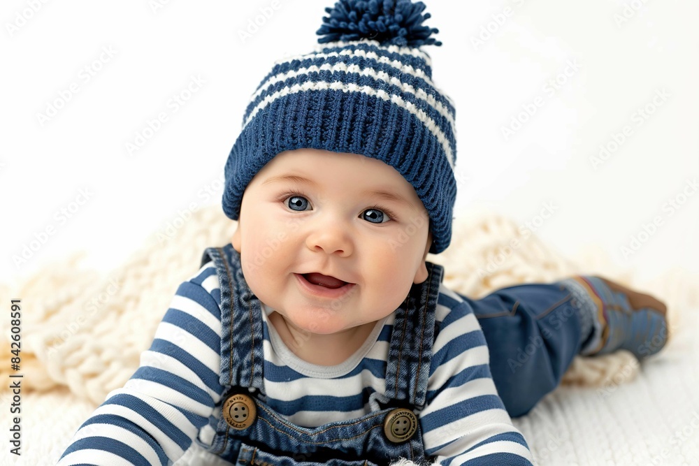 A baby wearing striped overalls and a beanie A baby wearing striped overalls and a beanie