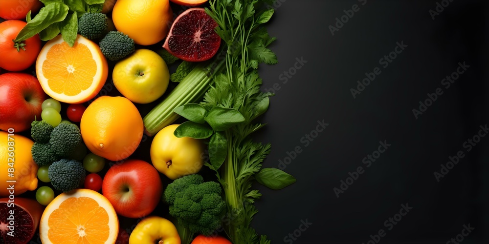 Arrangement of various fruits and vegetables in a flat lay style on a colorful background. Concept Food Styling, Flat Lay Photography, Colorful Props, Fruit and Vegetable Arrangement Arrangement of various fruits and vegetables in a flat lay style on a colorful background. Concept Food Styling, Flat Lay Photography, Colorful Props, Fruit and Vegetable Arrangement