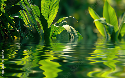 Lush green tropical plants reflecting on water  creating a serene and tranquil nature scene  perfect for relaxation and natural beauty themes.