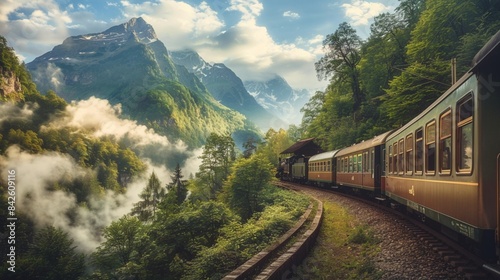 A vintage train at a quaint mountain station, surrounded by lush greenery and majestic mountain peaks - perfect for a scenic travel adventure.