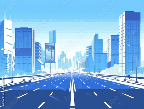 Highway  roadside buildings  high-rise buildings  blue as the main color  simple colors  clean and bright picture  flat  illustrations 