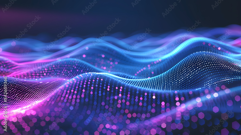 Abstract vector background with blue and purple glowing lines forming waves of dots on a dark background. AI digital technology concept Abstract vector background with blue and purple glowing lines forming waves of dots on a dark background. AI digital technology concept