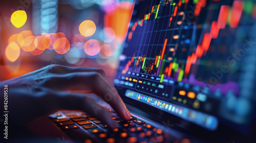 A person hand on a laptop keyboard, the laptop screen depicts approximate financial quotes. Generative AI.