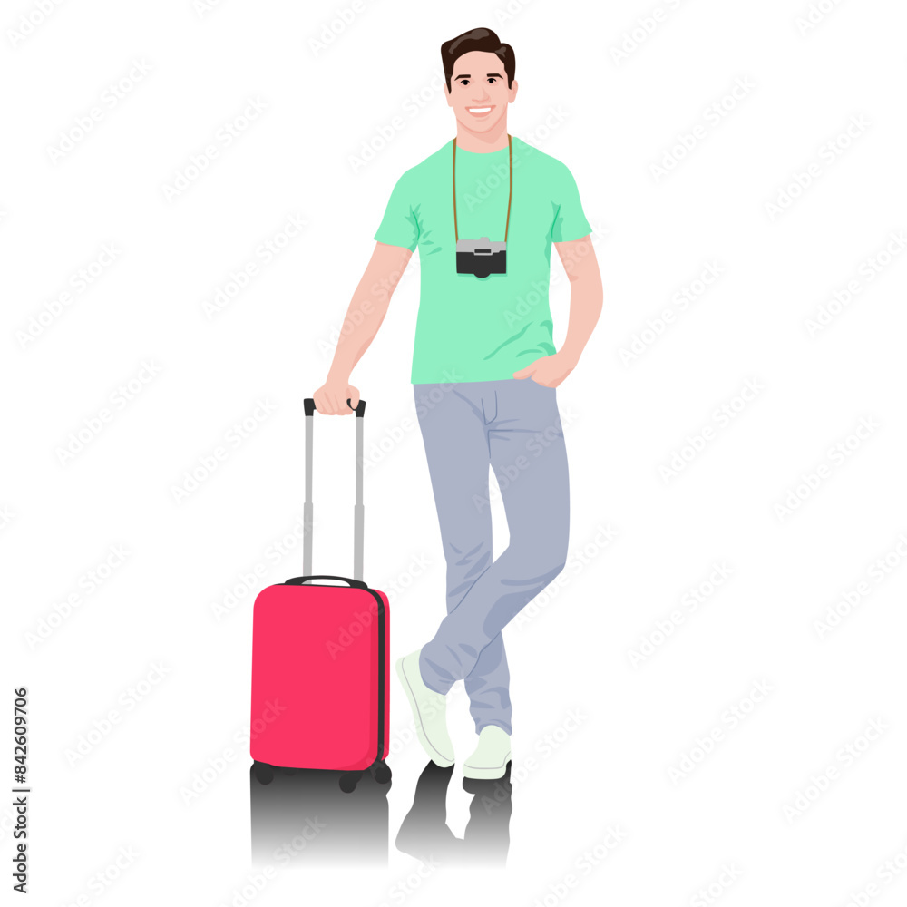 Young man tourist with camera. Male in casual clothes with a suitcase. Young male traveler goes on a journey. Vector illustration isolated on white Young man tourist with camera. Male in casual clothes with a suitcase. Young male traveler goes on a journey. Vector illustration isolated on white