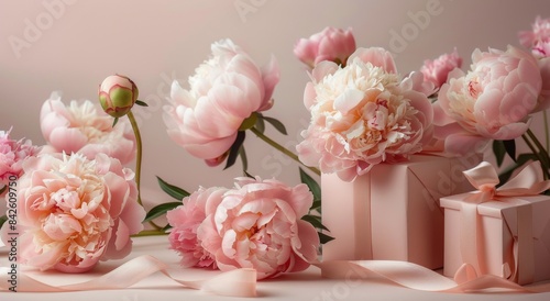 Pink Peonies and Gift Boxes on a Pink Background