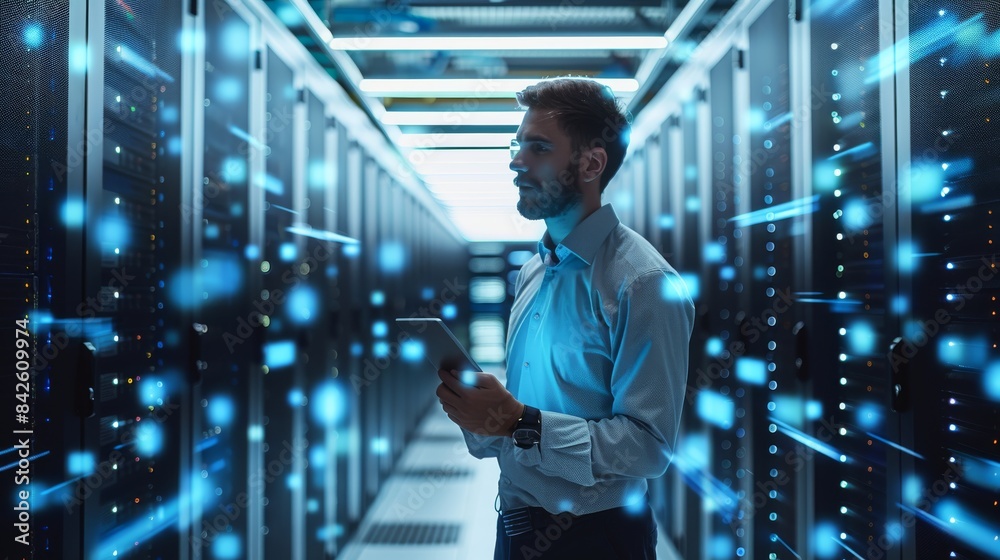 Fototapeta premium A professional man using Cloud Services, showcasing security, storage, and computing, in a modern tech environment, high-resolution. Generative AI.