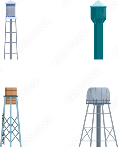 Collection of four diverse water tower designs in a flat style, isolated on white background