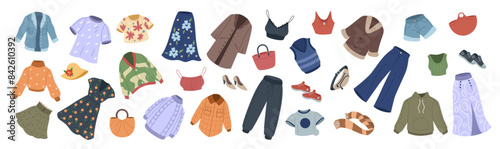 Fashion shop. Charity sale. Clothing store. Garment swap. Woman boutique. Secondhand market. Choose dresses and jeans. Female wardrobe. Accessories or apparel exchange. Girls outfit. Vector tidy set