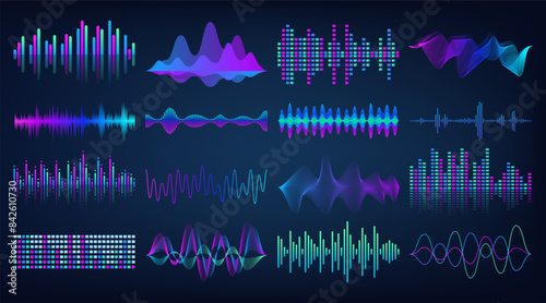 Sound music wave. Bar beat, logo audio, icon frequency pattern. Form mixer line, movement, spectrum voice, dynamic motion waveform equalizer tone. Vector isolated on black background abstract gradient