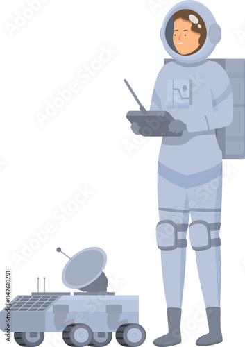 Female astronaut controlling mars rover with remote control exploring planet surface