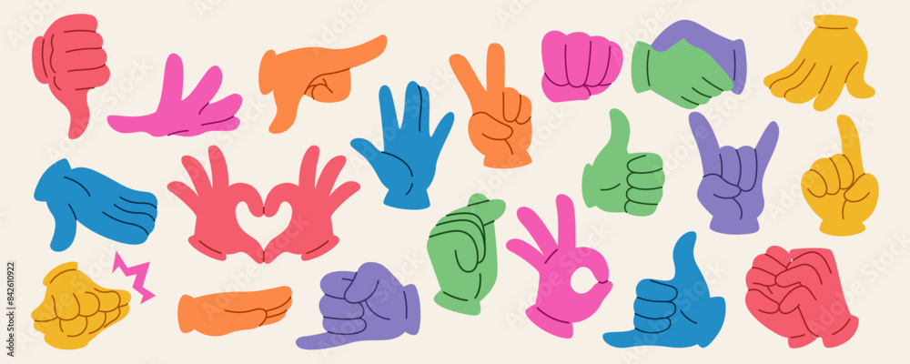 Color hand gestures. Ok icon. Thumb finger up. Cartoon characters handshake. Love heart palm sign. Pointing forefinger. Line logo. Retro arm emoji. Modern abstract graphic. Vector flat symbols set Color hand gestures. Ok icon. Thumb finger up. Cartoon characters handshake. Love heart palm sign. Pointing forefinger. Line logo. Retro arm emoji. Modern abstract graphic. Vector flat symbols set
