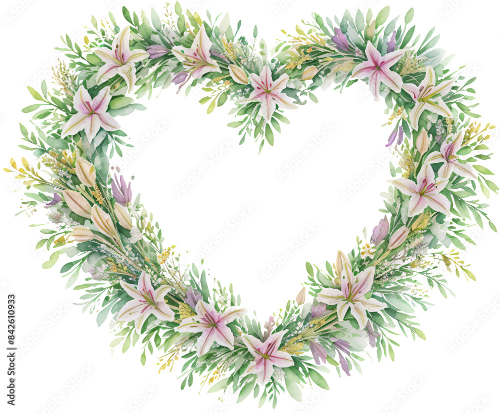 Obraz premium Watercolor Lily Heart shape, Lily flower wreath laurel. Decoration for weddings, wedding design, wedding invitation, Mother's day card. 