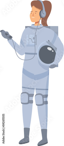 Female astronaut wearing headphones listening to music and holding helmet