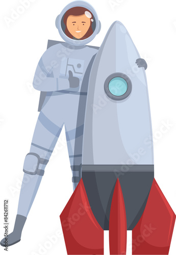 Astronaut is standing near a big space rocket showing a thumbs up