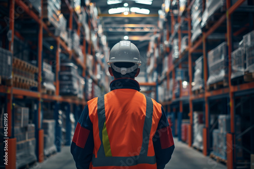 A man in a safety vest is walking through a warehouse. The warehouse is filled with boxes and shelves, and the man is wearing a hard hat. Concept of organization and safety in the workplace © lashkhidzetim