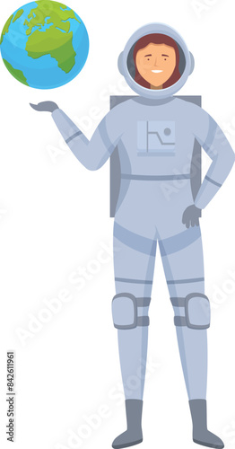 Smiling female astronaut presenting planet earth with open hand palm up