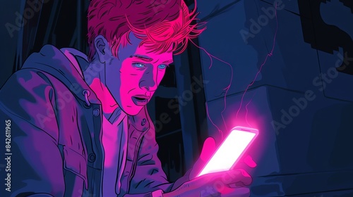 A vector graphic illustration of a man with red hair and blue eyes in a nighttime setting, engaged with his brightly glowing pink phone screen. The style is distinctly cartoonish with comic book influ photo