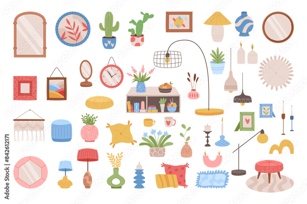 Home decoration. House interior. Room hygge design. Picture or mirror frame. Plant in pot. Flowers vase. Cartoon flat bookcase. Modern lamp. Cozy pillows. Vector garish apartment decor elements set Home decoration. House interior. Room hygge design. Picture or mirror frame. Plant in pot. Flowers vase. Cartoon flat bookcase. Modern lamp. Cozy pillows. Vector garish apartment decor elements set
