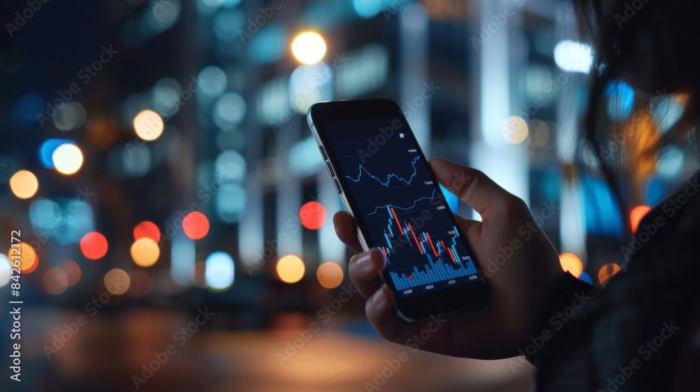 A smartphone screen displaying a stock market graph with rising and falling trends, held by a businessperson. A smartphone screen displaying a stock market graph with rising and falling trends, held by a businessperson.