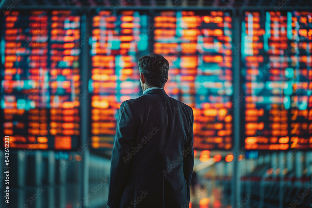 A man in a suit is looking at a large display of flight information. The man is focused and attentive, possibly waiting for his flight or checking for updates A man in a suit is looking at a large display of flight information. The man is focused and attentive, possibly waiting for his flight or checking for updates