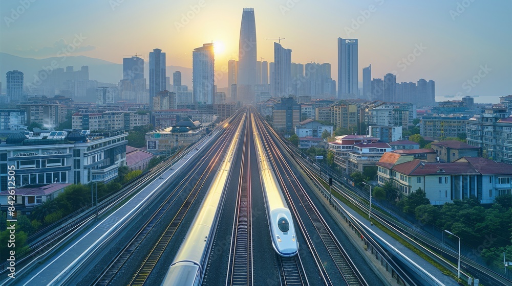 Fototapeta premium A high-speed rail passing across city. against a blue sky. Aerial high view. Generative AI.