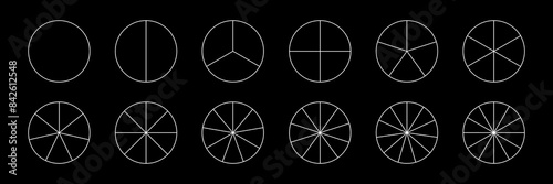 Pie chart divided in segments from 1 to 12 isolated on black background. Circle graph. Wheel with sections. Round graphic diagram cut in equal parts in outline style