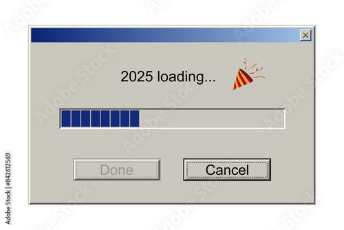 2025 loading notification message in classic retro style of system user interface vector illustration. Retro download bar and buttons, window design mockup with upload progress of New Year holiday