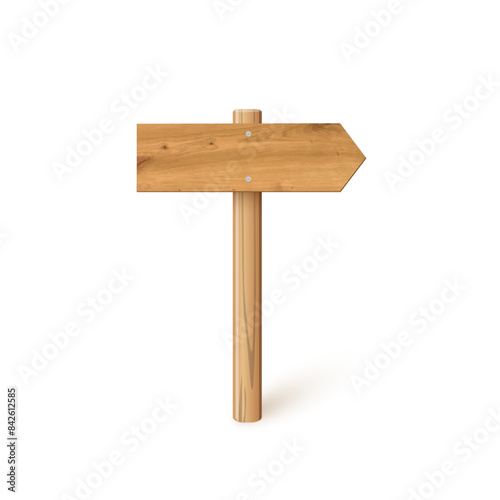 3d wooden signboard vector illustration. Realistic wood sign post. Blank arrow with wood texture, plywood road pointer. City guidance