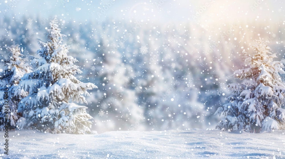 A snowy winter landscape with soft falling snowflakes, providing a serene and magical winter scene. A snowy winter landscape with soft falling snowflakes, providing a serene and magical winter scene.