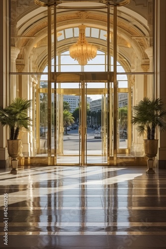 A large glass door with a sign on it. The door is open and there are stairs leading up to it