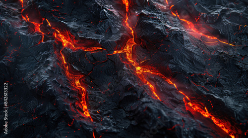 Red Lava Flow on Dark Gray Stone Background, Glowing Orange Lava Cracks Wallpaper Illustration, Lava dark background photo