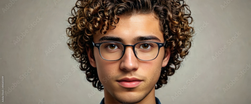 A close-up portrait of a young man with curly hair and glasses, looking ...