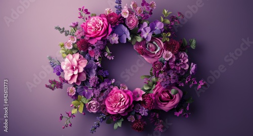 Colorful Flower Wreath Arranged on Purple Background