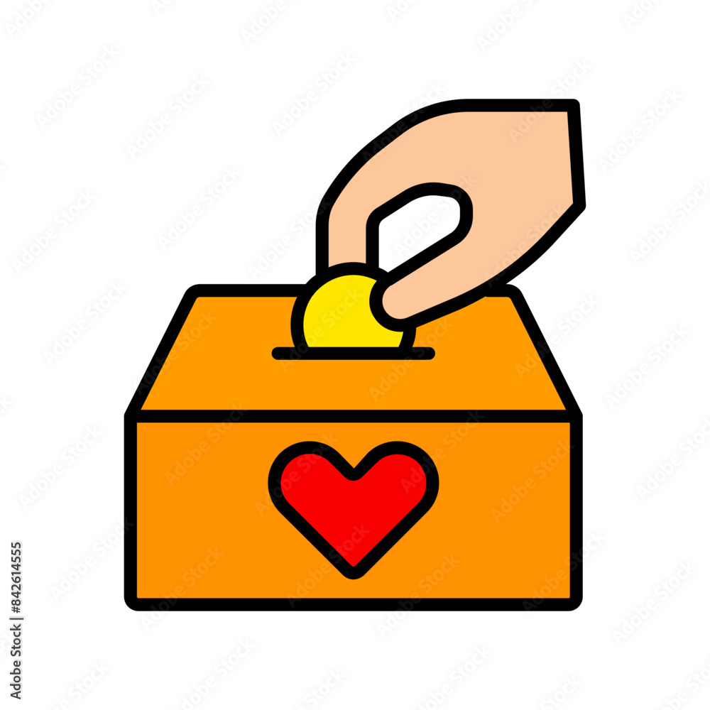 Donation icon. Hand placing coin in box with heart, charity, giving, philanthropy, help, donation, contribution. Donation icon. Hand placing coin in box with heart, charity, giving, philanthropy, help, donation, contribution.