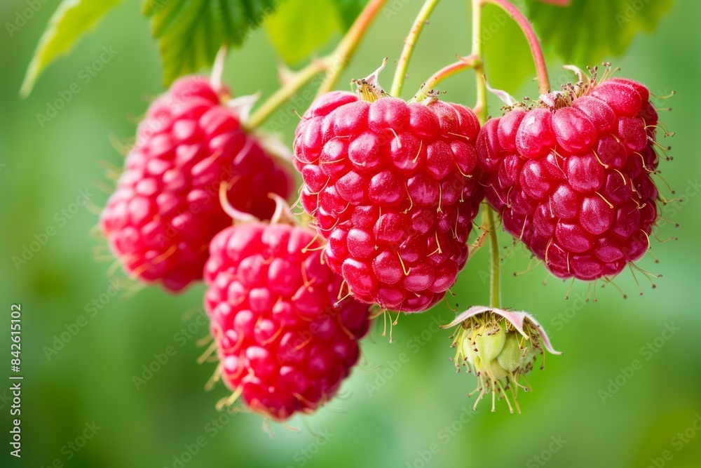 Ripe red raspberries hanging on a vibrant green bush Ripe red raspberries hanging on a vibrant green bush