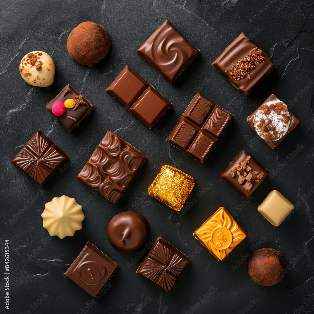 Assortment of delicious chocolate candies on black background, top view
