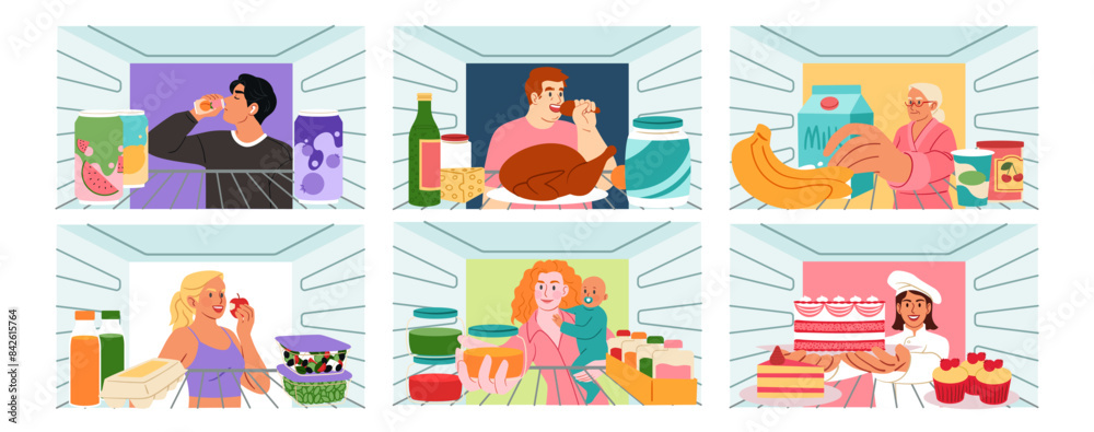 Open fridge. Refrigerator inside view. Character looking at food on shelves. Kitchen storage. Hungry people. Young woman choosing snacks. Man healthy eating. Midnight gluttony. Vector freezers set Open fridge. Refrigerator inside view. Character looking at food on shelves. Kitchen storage. Hungry people. Young woman choosing snacks. Man healthy eating. Midnight gluttony. Vector freezers set