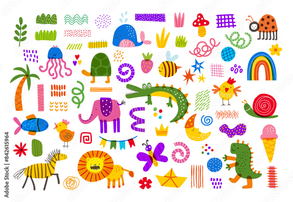 Animal childish. Cute doodle character, figure abstract, icon fun, children shape. Monster, bird and elephant, cartoon zebra and crocodile. Baby nursery. Funny happy creature. Vector art design set Animal childish. Cute doodle character, figure abstract, icon fun, children shape. Monster, bird and elephant, cartoon zebra and crocodile. Baby nursery. Funny happy creature. Vector art design set