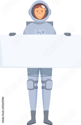 Smiling female astronaut holding blank white board, spacewoman showing empty banner, place for your text
