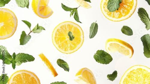 Fresh citrus slices and mint leaves pattern on white background