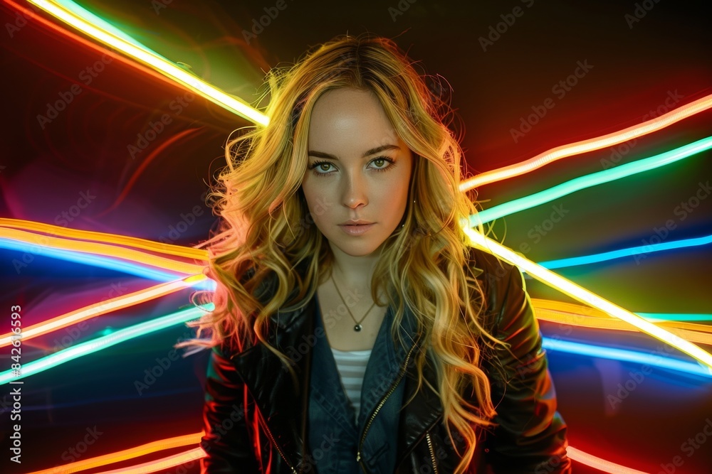 Futuristic portrait of a young caucasian woman with neon lights Futuristic portrait of a young caucasian woman with neon lights